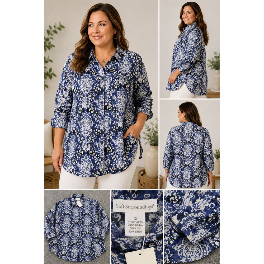 Soft Surroundings 1X Blue Damask Paisley Linen Tunic Button Down Shirt 101305
